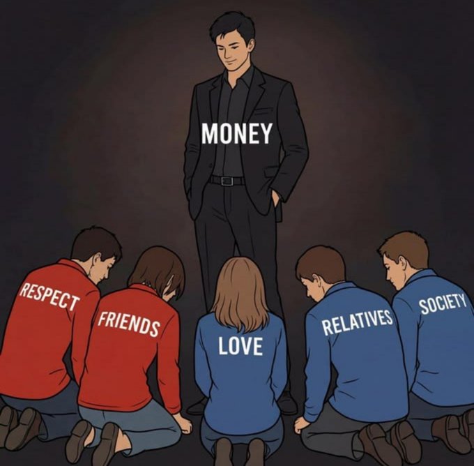A well-dressed man labeled "MONEY" stands tall while five kneeling figures labeled "RESPECT," "FRIENDS," "LOVE," "RELATIVES," and "SOCIETY" bow before him. The illustration visually reinforces the caption "Real" by depicting how financial power often eclipses and overshadows essential human values and relationships in modern life.