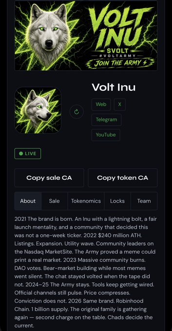 A webpage profile for the cryptocurrency token 'Volt Inu ($VOLT)', featuring a husky logo with green lightning bolts, social media links, and a brief description of its history.