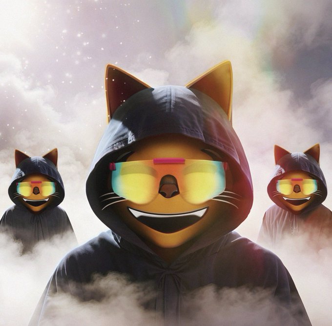 A digital illustration of three cartoon-like cats wearing dark hoodies and reflective yellow sunglasses, standing in front of a cloudy sky with sparkling light effects.