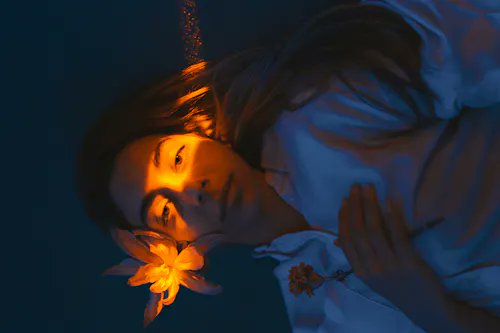 The image features a woman wearing a white shirt, positioned against a dark background or blue sky (based on the different shades of color), with an orange flower near her face that seems to glow. The image also contains several hashtags, such as #revelation, @alijahanaraa, and #theprettyproof. One of these tags is selling this post for $401.82.