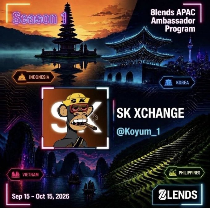 An '8lends APAC Ambassador Program Season 1' promotional poster features 'SK XCHANGE @Koyum_1' alongside landmarks from Indonesia, Korea, Vietnam, and the Philippines, running 'Sep 15 - Oct 15, 2026'.