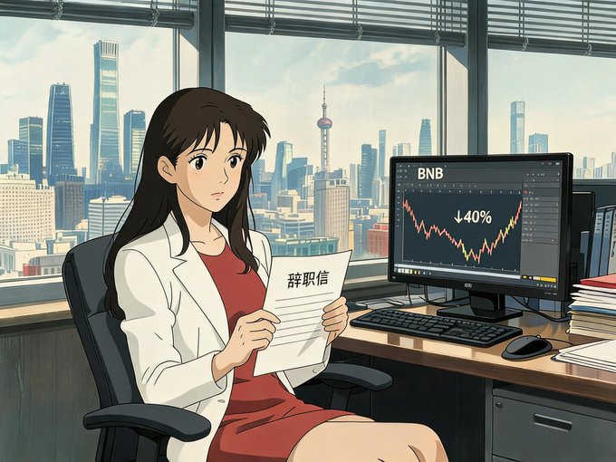 The image shows a woman sitting at a desk, holding up some paper, presumably looking over important documents or financial data. She appears to be working for BNB or CZ @ cz_binance, as suggested by the content of the caption provided in the image description. The background features a city skyline, further emphasizing the urban setting where she works.