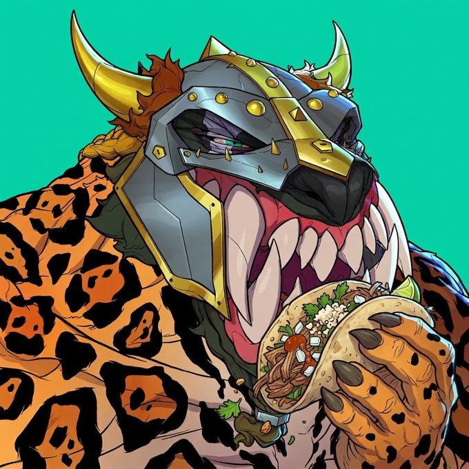 A cartoon illustration depicts a fierce leopard-like creature wearing a metal and gold horned helmet, baring sharp teeth while eating a taco on a turquoise background.
