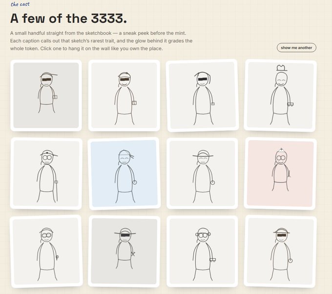 The image showcases a webpage titled "the cast — A few of the 3333," featuring a grid of minimalist hand-drawn line art characters from the @OnchainSketches collection, with subtle pastel backgrounds highlighting select pieces. It previews the 3,333 fully on-chain NFT characters being given away, with a "show me another" button for browsing the collection.
