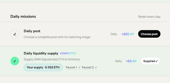 A 'Daily missions' interface showing two tasks: an incomplete 'Daily post' worth +200 AP and a completed 'Daily liquidity supply' worth +50 AP, with the latter showing 0.002 ETH supplied to GIWA Sepolia testnet.