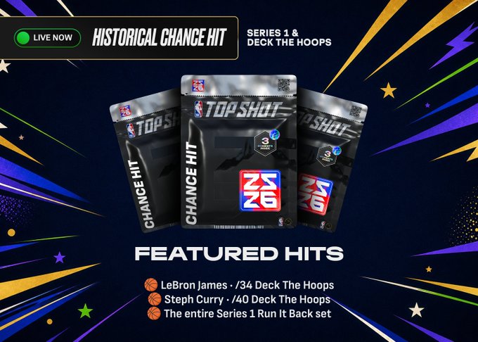 A promotional graphic for NBA Top Shot's "Historical Chance Hit" pack, featuring three packs labeled "Series 1 & Deck The Hoops" with highlighted 3-star tier rewards (ZS 26), promoting Featured Hits including LeBron James' /34 Deck The Hoops, Steph Curry's /40 Deck The Hoops, and the entire Series 1 Run It Back set.