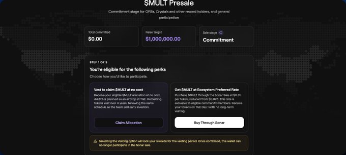 A digital interface showing a '$MULT Presale' with a $0.00 total committed and a $1,000,000.00 raise target, displaying perk options to 'Claim Allocation' or 'Buy Through Soner' for vesting participation.