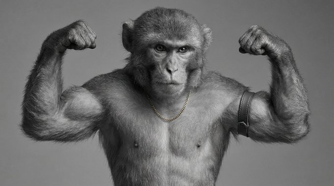 A black and white image of a muscular monkey flexing both biceps, wearing a gold chain necklace and a leather wristband on one arm.