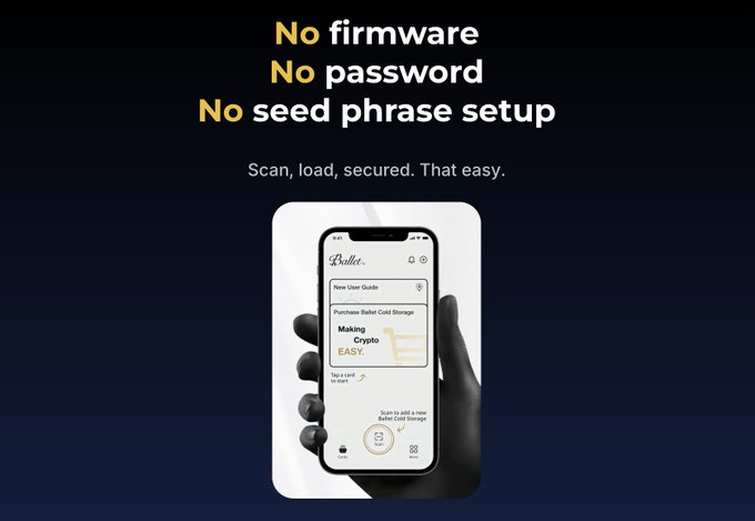 An advertisement for a Bullit wallet app emphasizing 'No firmware, No password, No seed phrase setup' with the tagline 'Scan, load, secured. That easy.'