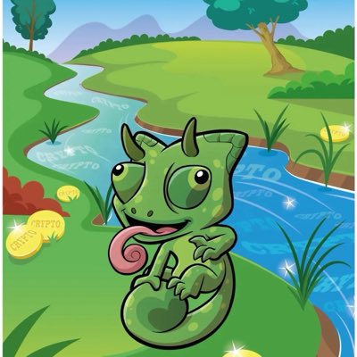 A cartoon illustration depicts a cute green chameleon with big eyes and a curled pink tongue sitting on a log, with gold 'CRYPTO' coins scattered in a lush green landscape featuring a stream and trees.