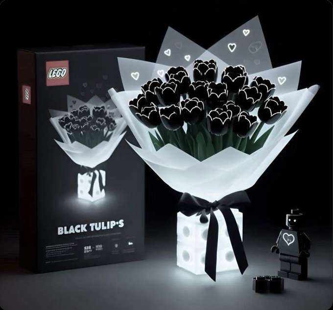 A LEGO 'Black Tulips' building block set displayed in its packaging, featuring illuminated black tulip flowers in a glowing white cube vase alongside a black minifigure with a heart torso.