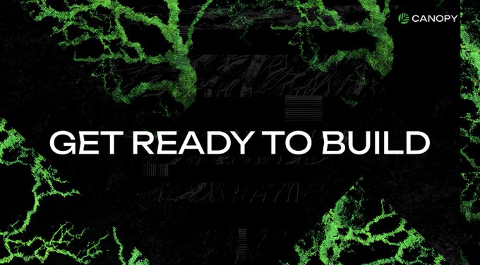 A dark graphic with green textured borders features the text 'GET READY TO BUILD' in white, with a 'CANOPY' logo in the top right corner.
