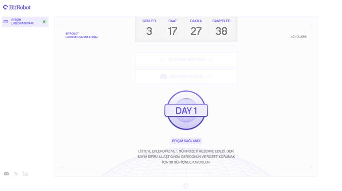 The image shows the BitRobot network countdown page displaying 3 days, 17 hours, 27 minutes, and 38 seconds remaining until "DAY 1" of the Erşim (access) event begins, with the list view expanded for detailed tracking.