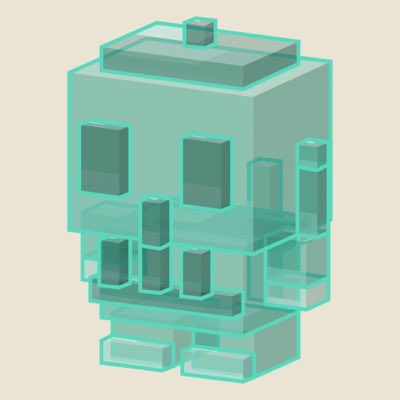 An isometric 3D rendering of a cyan/mint-colored skull character composed of blocky, Minecraft-style cubes on a beige background.