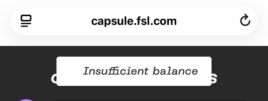 The image shows a computer screen with two tabs open, one of which displays a webpage titled "capsule.fsl.com" while the other tab has the words "insufficient balance" written on it. The text appears to be in Japanese, but without knowing the exact content or context, we cannot determine the accuracy of this information.