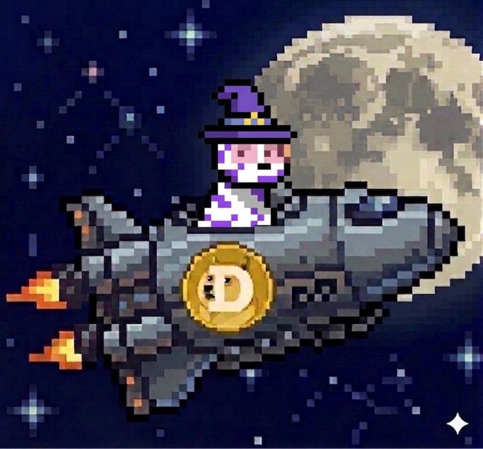 Pixel art depicting Mojo Jojo from The Powerpuff Girls floating in space with a purple hat, extending his large gray arms toward a Dogecoin (D) emblem.