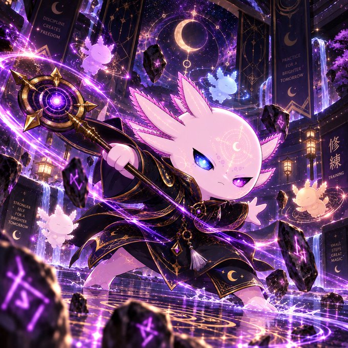 A fantasy illustration of a pink axolotl-like creature in dark robes wielding a glowing purple staff amid magical glyphs and floating crystals.