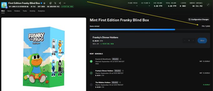 A webpage screenshot for 'Mint First Edition Franky Blind Box' NFT collection, showing boxes minted 710/1000 with current price data visible at the top.