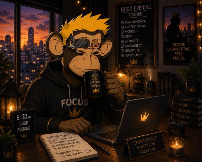An illustrated image of a monkey wearing a hoodie drinking from a 'FOCUS PLAN EXECUTE REPEAT' mug while working on a laptop, surrounded by motivational items including a 'GOOD EVENING ROUTINE' checklist and books labeled 'MINDSET', 'FOCUS', 'DISCIPLINE', 'SUCCESS', and 'LEGACY'.