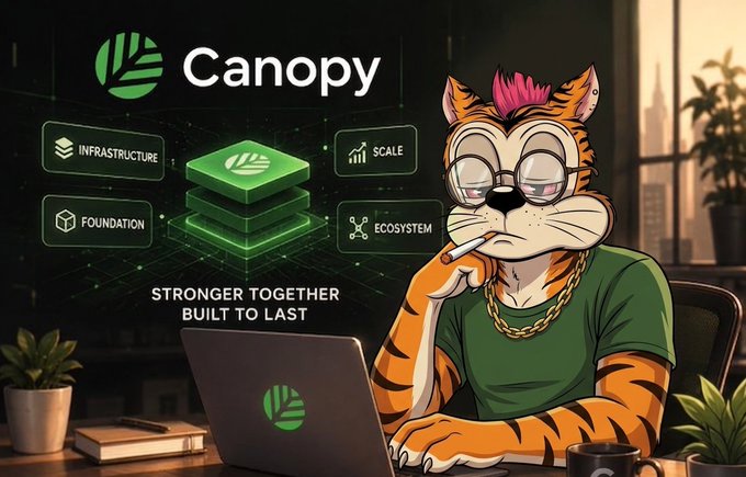 A promotional graphic for 'Canopy' featuring an illustrated tiger character wearing glasses and a gold chain, with text 'STRONGER TOGETHER BUILT TO LAST' and features Infrastructure, Scale, Foundation, and Ecosystem.
