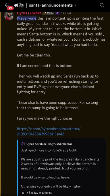 A Discord announcement from user 'Cyrus' discussing Bitcoin being 'nuked' and mentioning a daily green candle being printed, referencing a RuneScape Gold token situation.