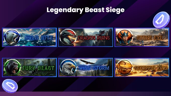 A promotional screen for the "Legendary Beast Siege" event displays six boss options—Cold Bite, Dragon Ruins, Stone Eye, Fury Beast, Wing Storm, and Scorpion King—each illustrated with its respective creature, highlighting the six-day boss battle challenge described in the post.