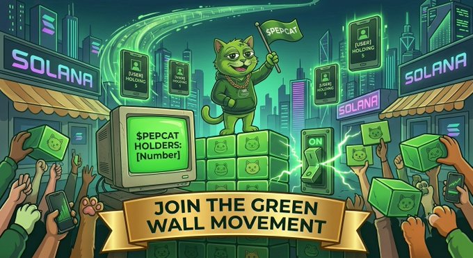A cartoon illustration of a green cat character holding a 'SPEPCAT' flag and a '$PEPCAT HOLDERS' sign in a neon-green cityscape, with a banner reading 'JOIN THE GREEN WALL MOVEMENT' and Solana branding.
