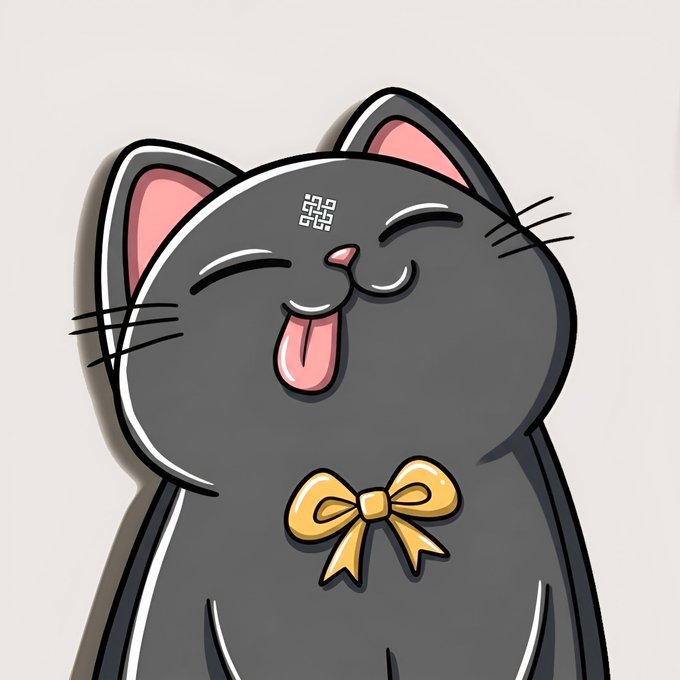The image features a cartoon cat with a bow tie, sitting against a white background. The cat has its tongue out and appears to be licking itself or sticking its tongue out playfully. The caption of the image reads "gRitual gSiggy siggy may be just a small cat, but his mind is already exploring the future of decentralized intelligence @ritualnet @jez_Cryptoz @dunken9718 @0xMadScientist @ritualfnd". This text seems to be related to the cartoon cat's actions and thoughts.