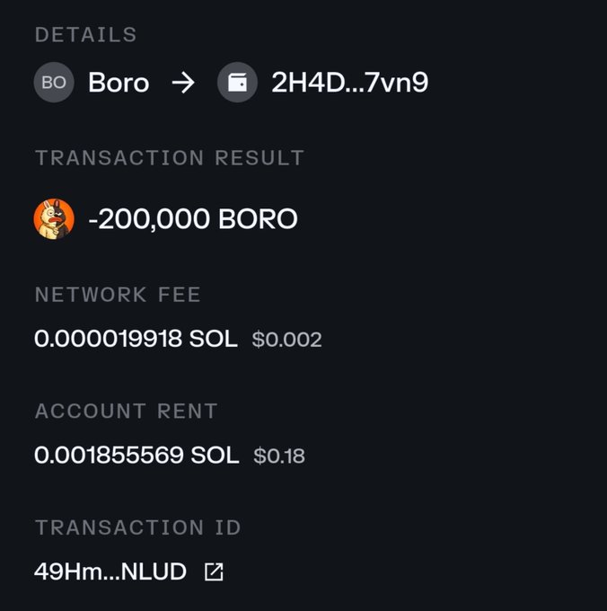 A dark-themed cryptocurrency transaction receipt showing a transfer of 200,000 BORO tokens from a wallet ending in "2H4D...7vn9," with a network fee of 0.000019918 SOL ($0.002) and account rent of 0.001855569 SOL ($0.18), transaction ID "49Hm...NLUD." The image appears to serve as visual proof of a $SOL transaction to support the accompanying post soliciting wallet addresses for an airdrop, though no recipient wallet is shown in the visible details.