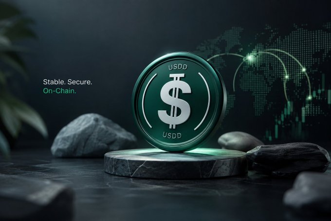 A digital render of a dark green "USDD" stablecoin floating above a marble base, with the text "Stable. Secure. On-Chain." and a world map graphic in the background.