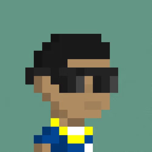 A pixel art character with dark hair and sunglasses is shown in profile against a teal background.
