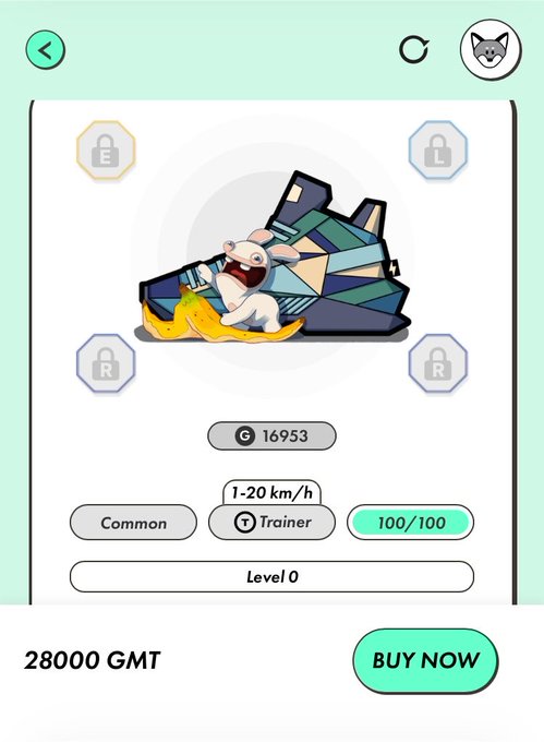 A screenshot of the STEPN app showing a Genesis Common Trainer sneaker at Level 0, priced at 28000 GMT. The interface displays its stats (1-20 km/h speed, 100/100 durability, 16953 G earnings) alongside a "BUY NOW" button, directly matching the post's offer to sell the trainer to fund a move into P-country.