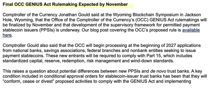 The image shows a news article with the headline "Final OCC GENIUS Act Rulemaking Expected by November," detailing Comptroller of the Currency Jonathan Gould's announcement at the Wyoming Blockchain Symposium in Jackson Hole that the OCC's GENIUS Act rulemakings will be finalized by November, with PPSI supervisory framework development underway and new stablecoin issuer applications to be processed starting early 2027. This directly corresponds to the accompanying post about the expected November 2026 timeline for finalizing the OCC GENIUS Act rulemaking.