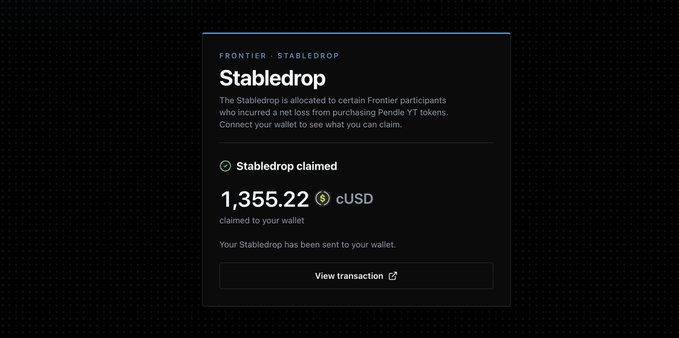 The image shows a successful Stabledrop claim from the Frontier platform, displaying 1,355.22 cUSD tokens already claimed to the user's wallet. This illustrates the post's point about minimal airdrop returns—while the user did recover some of their Pendle YT investment, the reward was modest relative to the effort, reinforcing the message that most airdrops remain negative expected value for capital and time invested.