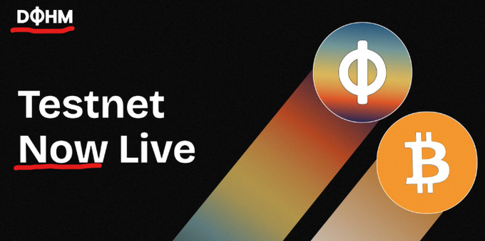 The image is a promotional graphic for DOHM Finance's testnet launch, featuring the DOHM logo at the top left and the text "Testnet Now Live" in bold white lettering, accompanied by two stylized cryptocurrency coin icons—one displaying the DOHM symbol and another showing the Bitcoin (₿) logo—against a black background. The design visually reinforces the airdrop announcement by highlighting DOHM's connection to the Bitcoin network and its newly available testnet for users to engage with.