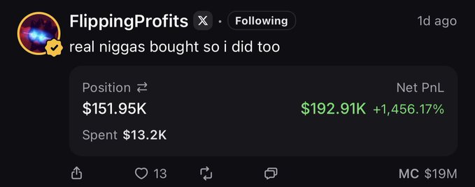 The image shows a Twitter post from "FlippingProfiles" boasting "real niggas bought so i did too" alongside a position of $151.95K in what appears to be a meme coin, with a net PnL of $192.91K (+1,456.17%) on a $13.2K spend, and an MC of $19M. This connects to the caption by illustrating the contrast between profitable buyers like "FlippingProfiles" and the user who missed out by purchasing the wrong token on SOL instead of the intended one.