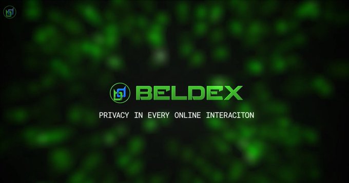 The image displays the "BELDEX" logo alongside the tagline "PRIVACY IN EVERY ONLINE INTERACITON" against a blurred green digital background. It serves as a branding graphic for Beldex, a privacy-focused cryptocurrency, visually reinforcing the post's emphasis on the importance of online privacy and secure transactions.