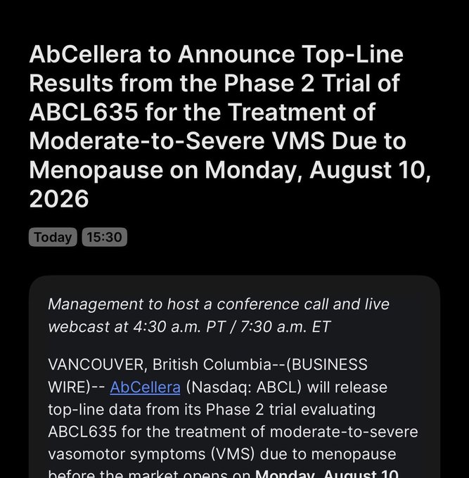 News article screenshot: 'AbCellera to Announce Top-Line Results from the Phase 2 Trial of ABCL635 for the Treatment of Moderate-to-Severe VMS Due to Menopause on Monday, August 10, 2026.'