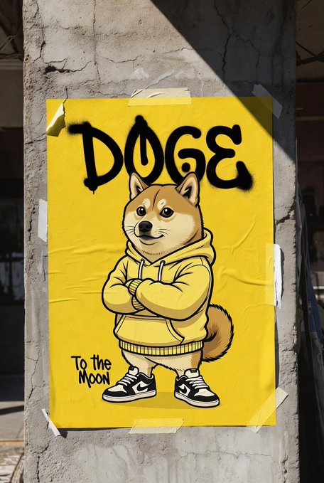 A yellow street poster featuring an illustrated Shiba Inu wearing a hoodie and sneakers, with 'DOGE' graffiti-style text at the top and 'To the Moon' text on the bottom left.