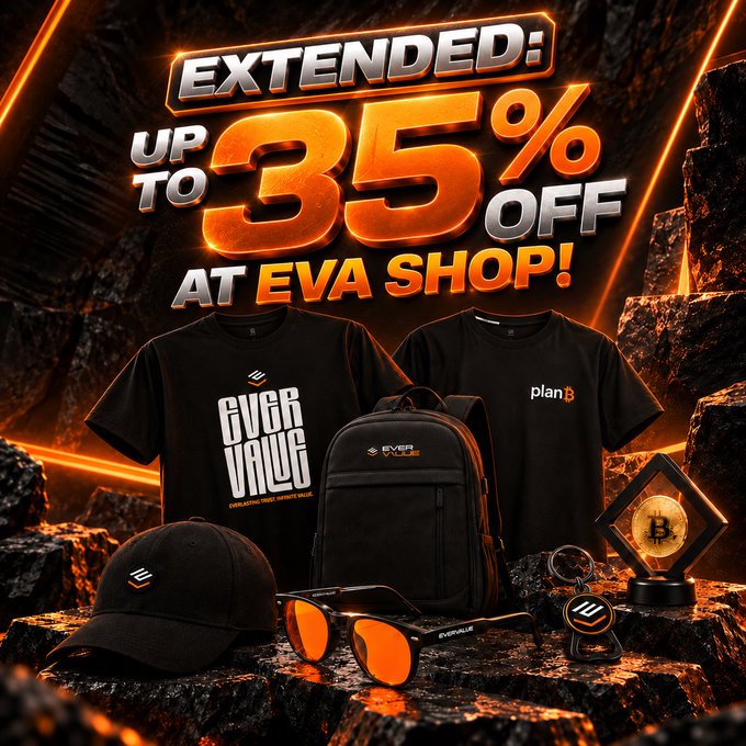 A promotional graphic advertising 'EXTENDED: UP TO 35% OFF AT EVA SHOP!' featuring branded merchandise including t-shirts, a backpack, a cap, sunglasses, and a Bitcoin-themed plaque.