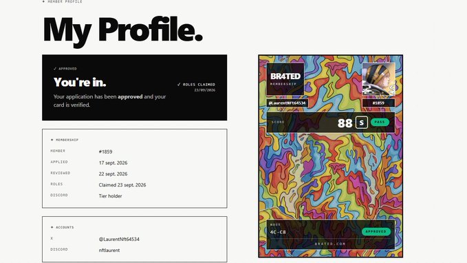 A 'My Profile' page on the BRKT platform showing membership details for user #1859 (@LaurenNt64534), displaying a 'You're in' approval status and a colorful profile card with 'BRKT 88'.