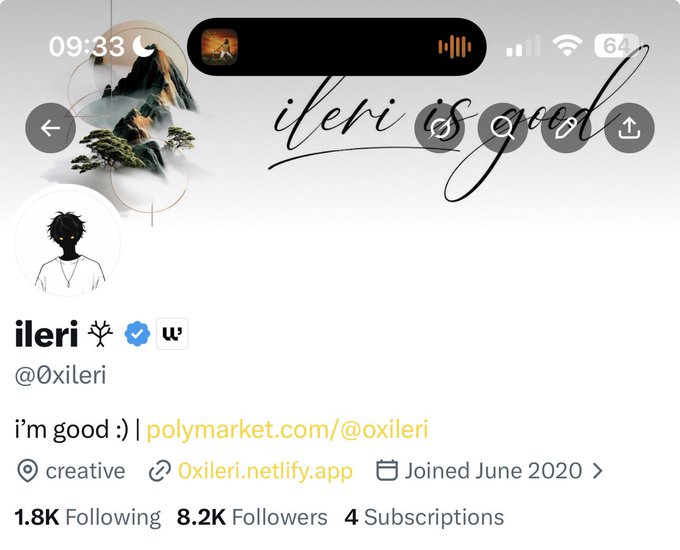 A Twitter/X profile for 'ileri' (@0xileri) showing the bio 'i'm good :) | polymarket.com/@oxileri' with 1.8K Following, 8.2K Followers, and 4 Subscriptions, joined June 2020.