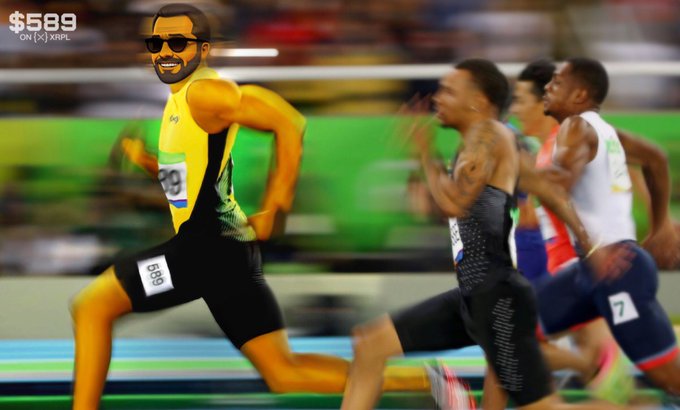 A sprinter wearing a yellow jersey marked "9" leads a race, with an XRP logo ("$589 ON [X] XRP") edited onto his head as a humorous edit. Other competitors trail behind on the track.