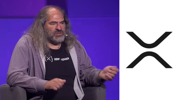 A man wearing an "XRP Ledger" t-shirt sits on stage during what appears to be a panel discussion, with the Ripple/XRP logo displayed prominently on the right side of the image. The image relates to the post referencing Ripple CTO David Schwartz's commentary on XRP's mission to disrupt traditional banking, questioning why the cryptocurrency's price remains below $1.50 despite this goal.