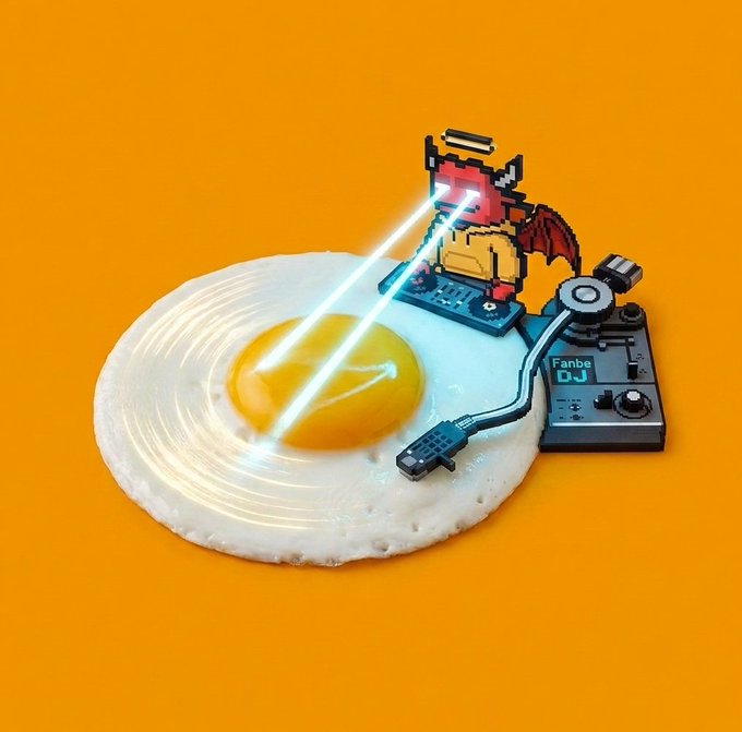 A surreal 3D render shows a fried egg being 'scratched' by a miniature pixelated demon DJ wearing a halo, complete with light beam eyes and a turntable on an orange background.