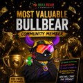 A promotional graphic featuring a cartoon bullbear character with the text "MOST VALUABLE BULLBEAR COMMUNITY MEMBER" and "$20 PRIZE," announcing a weekly community award to celebrate active and supportive members, tied to a Twitter Space event.
