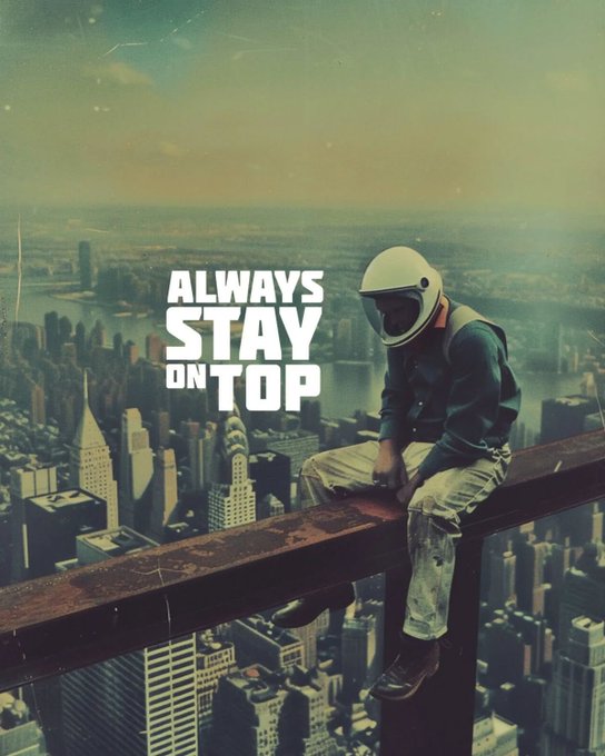 A construction worker in a hard hat sitting on a steel beam high above a city skyline, overlaid with the text 'ALWAYS STAY ON TOP'.
