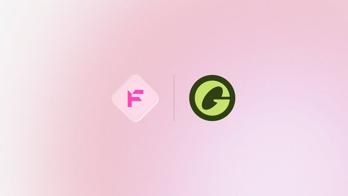 The image features two logos separated by a vertical line on a pink gradient background: a pink "F" logo in a rounded square on the left, and a green circular logo with a stylized "G" on the right. These logos represent Flaunch and Global Dollar (USDG), visually announcing USDG's new trading availability on the Flaunch platform as mentioned in the post.