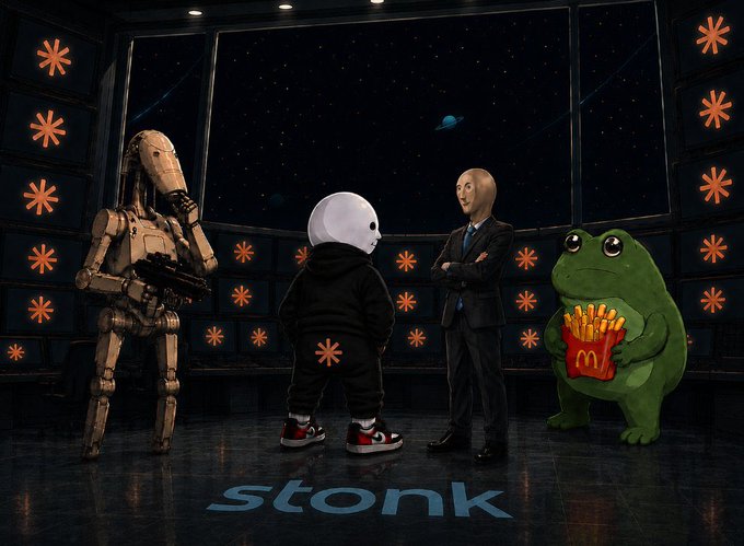 A surreal image shows a battle droid, a figure in a white mask, a man in a suit, and a McDonald's-fries-holding Pepe frog standing on a floor labeled 'stonk' in a room with orange flower decorations.