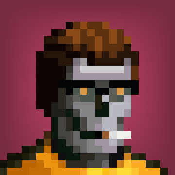 A pixel art portrait shows a person with dark hair, sunglasses, and a white headband against a dark red background.